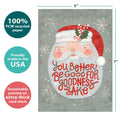 Load image into Gallery viewer, The cover of Tree-Free’s Santa Be Good card with lines demonstrating its 5x7 dimensions, along with the following text: “100% PCW recycled paper, proudly made in the USA, sustainably printed on extra-thick card stock”