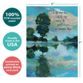Load image into Gallery viewer, The cover of Tree-Free’s Deep Blue Remembered card with lines demonstrating its 5x7 dimensions, along with the following text: “100% PCW recycled paper, proudly made in the USA, sustainably printed on extra-thick card stock”