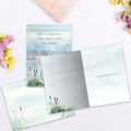 Load image into Gallery viewer, The inside of Tree-Free’s Dancing Cranes card, with the cover and envelope in the background.