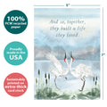 Load image into Gallery viewer, The cover of Tree-Free’s Dancing Cranes card with lines demonstrating its 5x7 dimensions, along with the following text: “100% PCW recycled paper, proudly made in the USA, sustainably printed on extra-thick card stock”