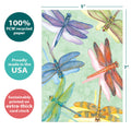 Load image into Gallery viewer, The cover of Tree-Free’s Dragonflies All Occasion Card card with lines demonstrating its 5x7 dimensions, along with the following text: “100% PCW recycled paper, proudly made in the USA, sustainably printed on extra-thick card stock”