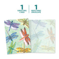 Load image into Gallery viewer, The cover and inside of Tree-Free’s Dragonflies All Occasion Card card, along with the following text: “1 greeting card, 1 matching envelope”