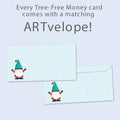 Load image into Gallery viewer, The envelope for Tree-Free’s Gnomes Piled High card, along with the following text: “Every Tree-Free 5x7 card comes with a matching ARTvelope!”