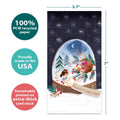 Load image into Gallery viewer, The cover of Tree-Free’s Sweet Snowglobe card with lines demonstrating its 5x7 dimensions, along with the following text: “100% PCW recycled paper, proudly made in the USA, sustainably printed on extra-thick card stock”