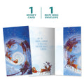 Load image into Gallery viewer, The cover and inside of Tree-Free’s Soaring Santa card, along with the following text: “1 greeting card, 1 matching envelope”