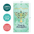 Load image into Gallery viewer, The cover of Tree-Free’s Floral Menorah card with lines demonstrating its 5x7 dimensions, along with the following text: “100% PCW recycled paper, proudly made in the USA, sustainably printed on extra-thick card stock”