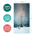 Load image into Gallery viewer, The cover of Tree-Free’s Bird Tree card with lines demonstrating its 5x7 dimensions, along with the following text: “100% PCW recycled paper, proudly made in the USA, sustainably printed on extra-thick card stock”