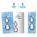 Load image into Gallery viewer, The cover and inside of Tree-Free’s Boho Christmas Penguins card, along with the following text: “1 greeting card, 1 matching envelope”
