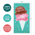 Load image into Gallery viewer, The cover of Tree-Free’s Freezer Ice Cream card with lines demonstrating its 5x7 dimensions, along with the following text: “100% PCW recycled paper, proudly made in the USA, sustainably printed on extra-thick card stock”