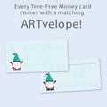 Load image into Gallery viewer, The inside of Tree-Free’s Gnomes Piled High card, with the cover and envelope in the background.