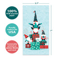 Load image into Gallery viewer, The cover of Tree-Free’s Gnomes Piled High card with lines demonstrating its 5x7 dimensions, along with the following text: “100% PCW recycled paper, proudly made in the USA, sustainably printed on extra-thick card stock”