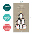 Load image into Gallery viewer, The cover of Tree-Free’s Penguin Pile card with lines demonstrating its 5x7 dimensions, along with the following text: “100% PCW recycled paper, proudly made in the USA, sustainably printed on extra-thick card stock”