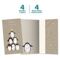 Load image into Gallery viewer, The cover and inside of Tree-Free’s Penguin Pile card, along with the following text: “4 greeting cards, 4 matching envelopes”
