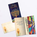 Load image into Gallery viewer, The inside of Tree-Free’s Hanukkah Tree card, with the cover and envelope in the background.