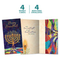 Load image into Gallery viewer, The cover and inside of Tree-Free’s Hanukkah Tree card, along with the following text: “4 greeting cards, 4 matching envelopes”