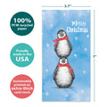 Load image into Gallery viewer, The cover of Tree-Free’s Boho Christmas Penguins card with lines demonstrating its 5x7 dimensions, along with the following text: “100% PCW recycled paper, proudly made in the USA, sustainably printed on extra-thick card stock”