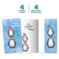Load image into Gallery viewer, The cover and inside of Tree-Free’s Boho Christmas Penguins card, along with the following text: “4 greeting cards, 4 matching envelopes”