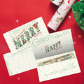 Load image into Gallery viewer, The inside of Tree-Free’s Merry Little Christmas Drawn card, with the cover and envelope in the background.