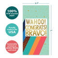 Load image into Gallery viewer, The cover of Tree-Free’s Bravo Congrats card with lines demonstrating its 5x7 dimensions, along with the following text: “100% PCW recycled paper, proudly made in the USA, sustainably printed on extra-thick card stock”