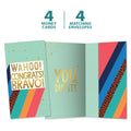 Load image into Gallery viewer, The cover and inside of Tree-Free’s Bravo Congrats card, along with the following text: “4 greeting cards, 4 matching envelopes”