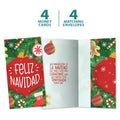 Load image into Gallery viewer, The cover and inside of Tree-Free’s Navidad Ornament card, along with the following text: “4 greeting cards, 4 matching envelopes”