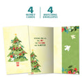 Load image into Gallery viewer, The cover and inside of Tree-Free’s Merry Tree card, along with the following text: “4 greeting cards, 4 matching envelopes”