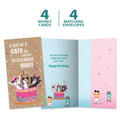 Load image into Gallery viewer, The cover and inside of Tree-Free’s Excited Cats card, along with the following text: “4 greeting cards, 4 matching envelopes”