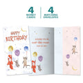 Load image into Gallery viewer, The cover and inside of Tree-Free’s Balloon Animals card, along with the following text: “4 greeting cards, 4 matching envelopes”