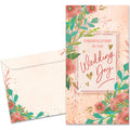 Load image into Gallery viewer, Cover of Happy Flowers Wedding card (featuring script and serif text surrounded by artwork of flowers) and its matching envelope