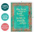 Load image into Gallery viewer, The cover of Tree-Free’s Each Other card with lines demonstrating its 5x7 dimensions, along with the following text: “100% PCW recycled paper, proudly made in the USA, sustainably printed on extra-thick card stock”