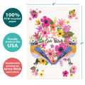 Load image into Gallery viewer, The cover of Tree-Free’s Love Birds card with lines demonstrating its 5x7 dimensions, along with the following text: “100% PCW recycled paper, proudly made in the USA, sustainably printed on extra-thick card stock”
