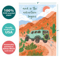 Load image into Gallery viewer, The cover of Tree-Free’s Life Desert Adventure card with lines demonstrating its 5x7 dimensions, along with the following text: “100% PCW recycled paper, proudly made in the USA, sustainably printed on extra-thick card stock”