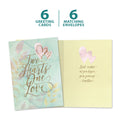 Load image into Gallery viewer, The cover and inside of Tree-Free’s Two Hearts card, along with the following text: “6 greeting cards, 6 matching envelopes”