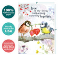 Load image into Gallery viewer, The cover of Tree-Free’s Threads of Love card with lines demonstrating its 5x7 dimensions, along with the following text: “100% PCW recycled paper, proudly made in the USA, sustainably printed on extra-thick card stock”