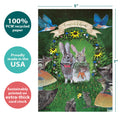Load image into Gallery viewer, The cover of Tree-Free’s Forest Friends card with lines demonstrating its 5x7 dimensions, along with the following text: “100% PCW recycled paper, proudly made in the USA, sustainably printed on extra-thick card stock”