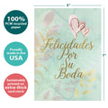 Load image into Gallery viewer, The cover of Tree-Free’s Felicidades Hearts card with lines demonstrating its 5x7 dimensions, along with the following text: “100% PCW recycled paper, proudly made in the USA, sustainably printed on extra-thick card stock”