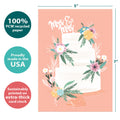 Load image into Gallery viewer, The cover of Tree-Free’s Mrs. and Mrs. card with lines demonstrating its 5x7 dimensions, along with the following text: “100% PCW recycled paper, proudly made in the USA, sustainably printed on extra-thick card stock”