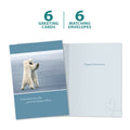 Load image into Gallery viewer, The cover and inside of Tree-Free’s Arctic Anniversary card, along with the following text: “6 greeting cards, 6 matching envelopes”
