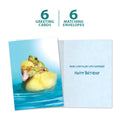 Load image into Gallery viewer, The cover and inside of Tree-Free’s Duck Duck Frog card, along with the following text: “6 greeting cards, 6 matching envelopes”

