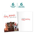 Load image into Gallery viewer, The cover and inside of Tree-Free’s Party Animals card, along with the following text: “6 greeting cards, 6 matching envelopes”
