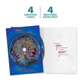 Load image into Gallery viewer, The cover and inside of Tree-Free’s Winter Solstice Mandala card, along with the following text: “4 greeting cards, 4 matching envelopes”
