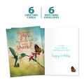 Load image into Gallery viewer, The cover and inside of Tree-Free’s Sweetest Joys card, along with the following text: “6 greeting cards, 6 matching envelopes”
