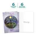 Load image into Gallery viewer, The cover and inside of Tree-Free’s Tree Of Life And Light card, along with the following text: “6 greeting cards, 6 matching envelopes”
