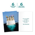 Load image into Gallery viewer, The cover and inside of Tree-Free’s Penguin Cake card, along with the following text: “6 greeting cards, 6 matching envelopes”

