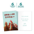 Load image into Gallery viewer, The cover and inside of Tree-Free’s What The Cluck card, along with the following text: “6 greeting cards, 6 matching envelopes”
