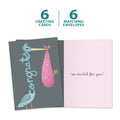 Load image into Gallery viewer, The cover and inside of Tree-Free’s Congrats Stork card, along with the following text: “6 greeting cards, 6 matching envelopes”
