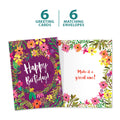Load image into Gallery viewer, The cover and inside of Tree-Free’s Purple Flower Birthday card, along with the following text: “6 greeting cards, 6 matching envelopes”

