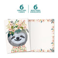 Load image into Gallery viewer, The cover and inside of Tree-Free’s Happy Sloth card, along with the following text: “6 greeting cards, 6 matching envelopes”
