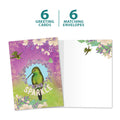 Load image into Gallery viewer, The cover and inside of Tree-Free’s Sparkle Bird card, along with the following text: “6 greeting cards, 6 matching envelopes”
