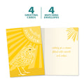 Load image into Gallery viewer, The cover and inside of Tree-Free’s Sunshine Season card, along with the following text: “4 greeting cards, 4 matching envelopes”
